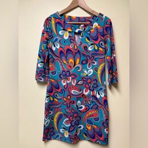 Tracy Negoshian NICOLE 3/4 Length Sleeve Bright Paisley Jersey Dress- Small